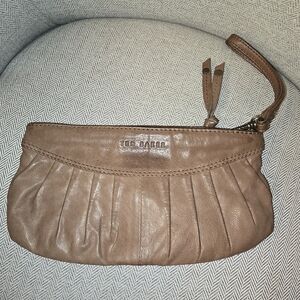 Ted Baker Leather Pleated Clutch / Wristlet • Taupe • Y2K